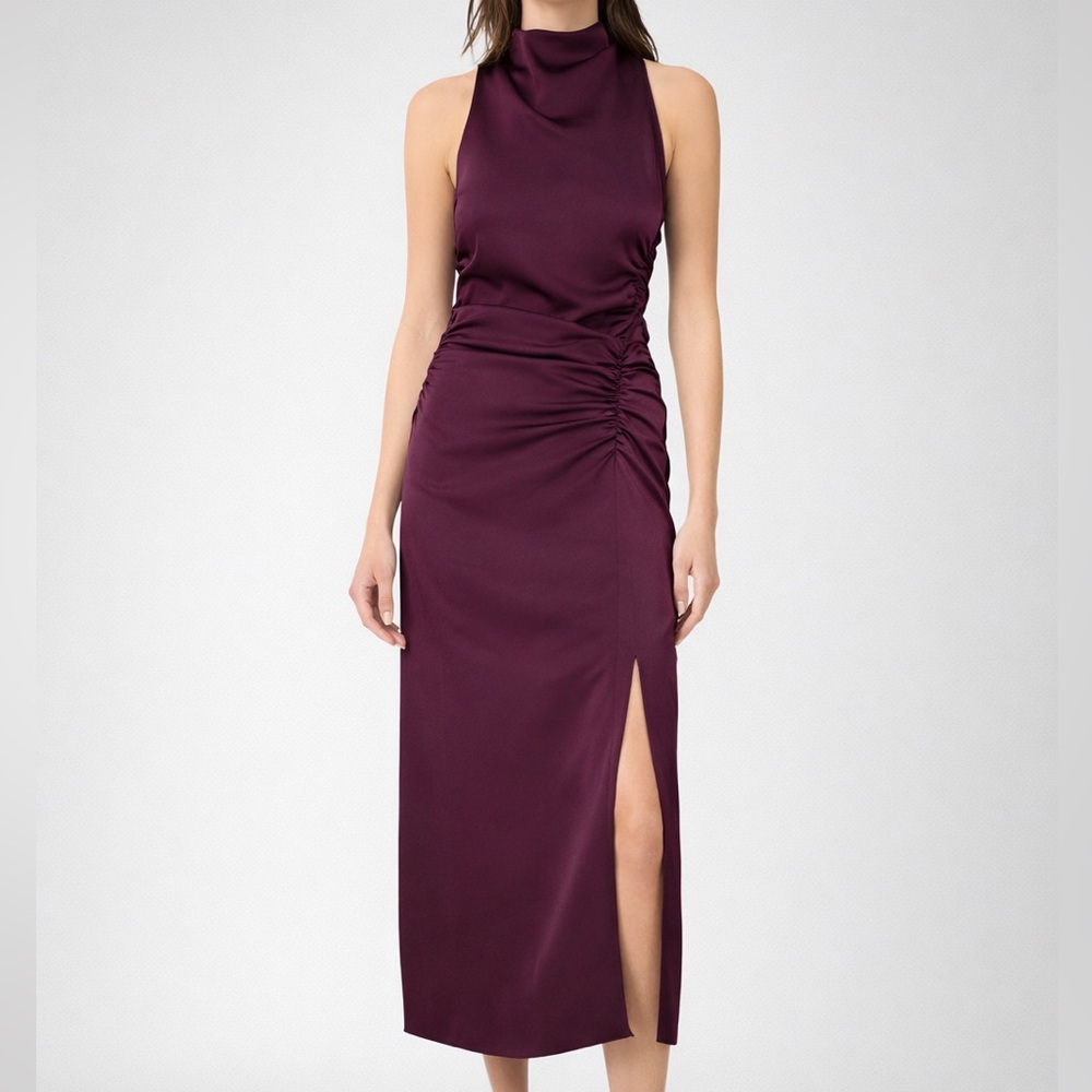 🆕 ✨CeCe Rich Cabernet Satin Ruched Midi Dress Size 6 Mock Elegant Cocktail Party